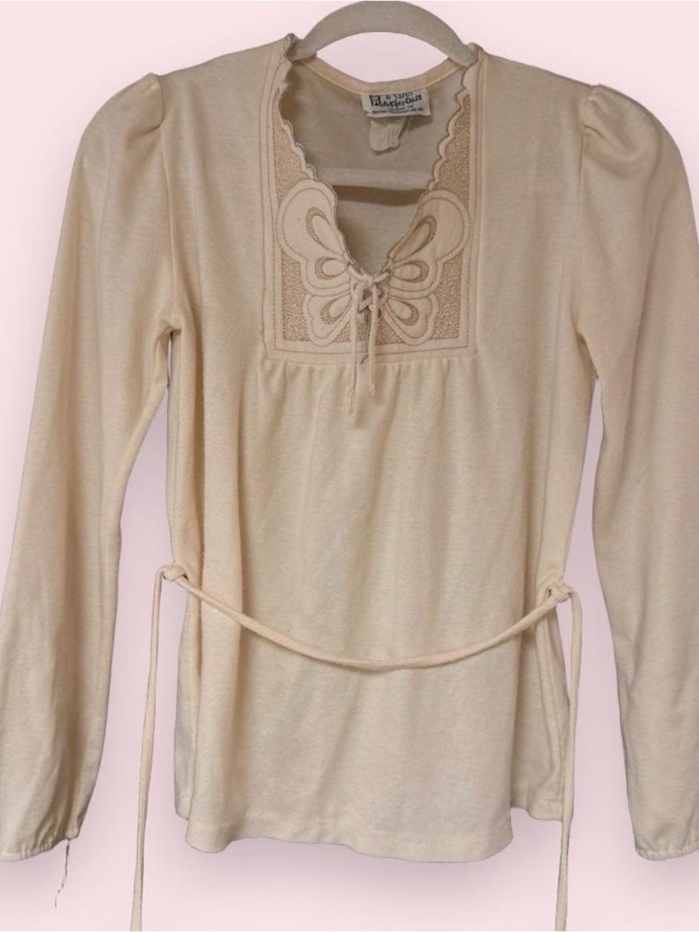 Cream Embroidered Long-Sleeve Tie-Waist Top